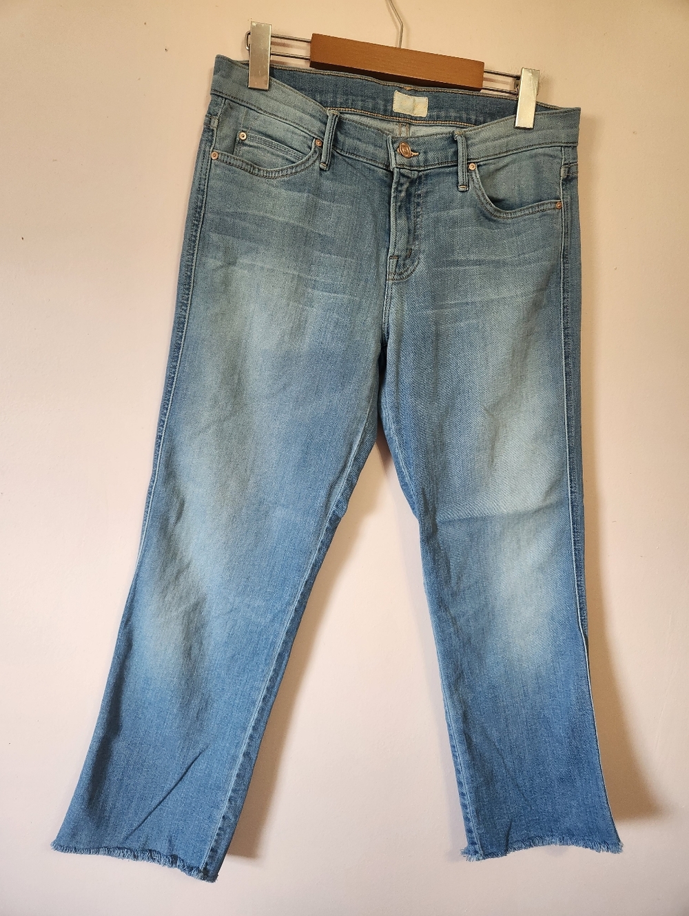 MOTHER The Rascal Fray Slim Straight Jeans Light Kitty Wash Raw Hem Size 29 GUC